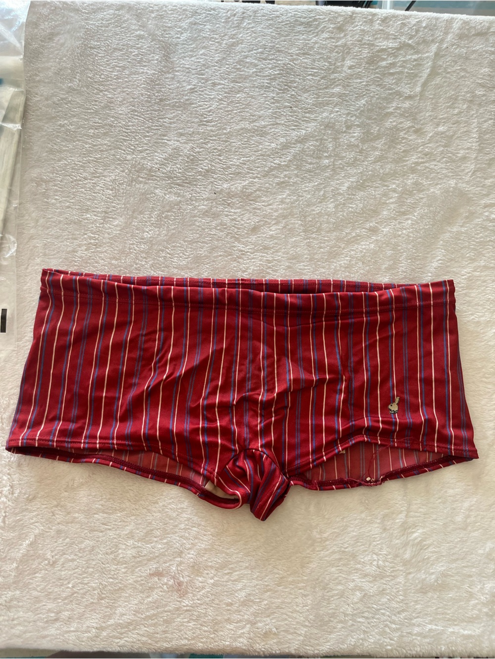 Collectors PLAYBOY Red Striped Mini Boxer Brief Style Swim Trunks *flawed* med